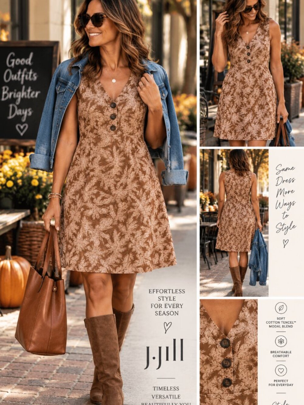 J.Jill Dress MP Petite M Brown Palm Leaf Print Tencel Modal Sleeveless Midi